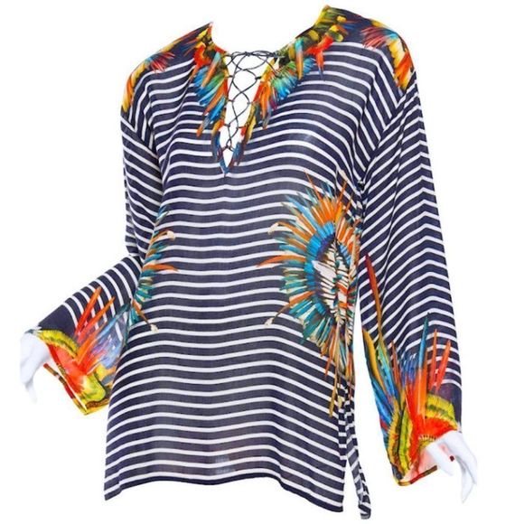 Vintage JEAN PAUL GAULTIER SOLEIL Striped Tunic w/Parrot Feather Printed Accents - Picture 6 of 6